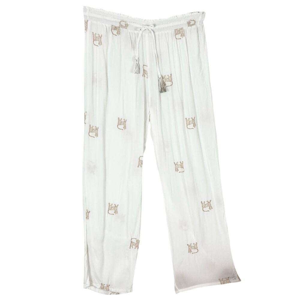 nwot BRONZINI MERCEDES SALAZAR Pants Women M White Tiger-Embroidery Wide Pull-Up